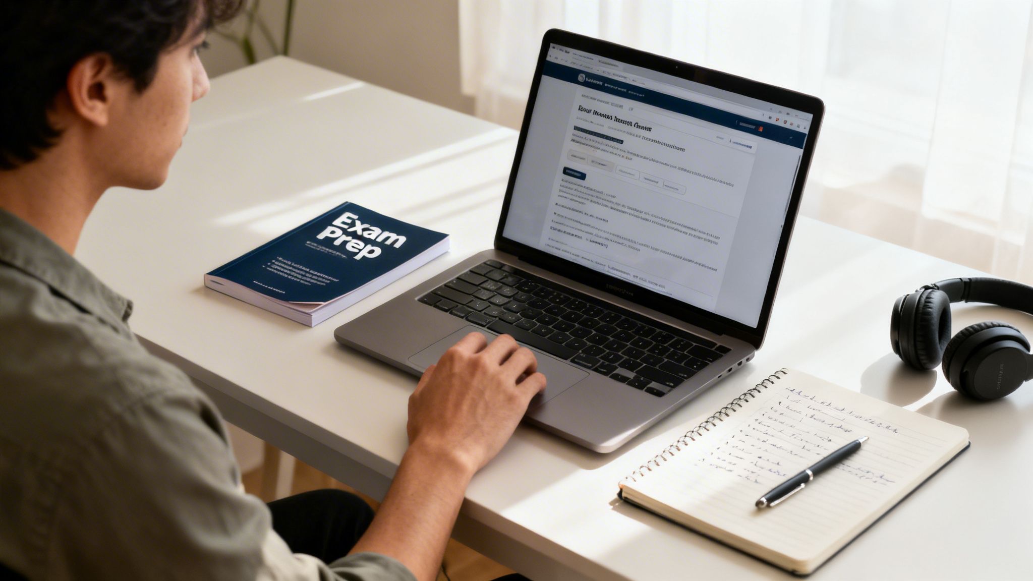 A young man studies for an exam using a laptop, an exam prep book, and a notebook.