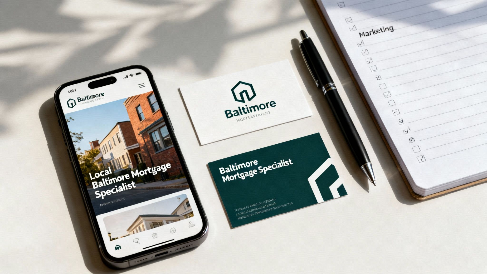 A smartphone displays a mortgage specialist website next to business cards and a marketing checklist notebook.