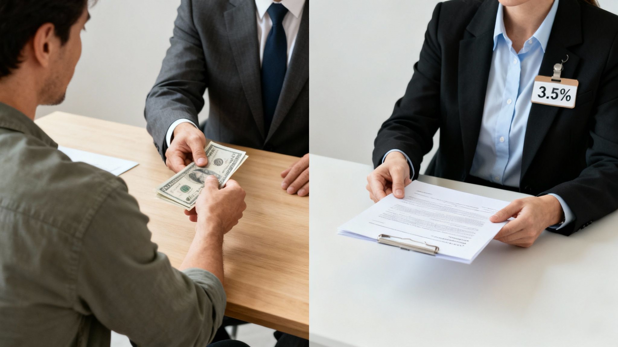 Split image showing a cash transaction and a person holding loan documents with a 3.5% interest rate.