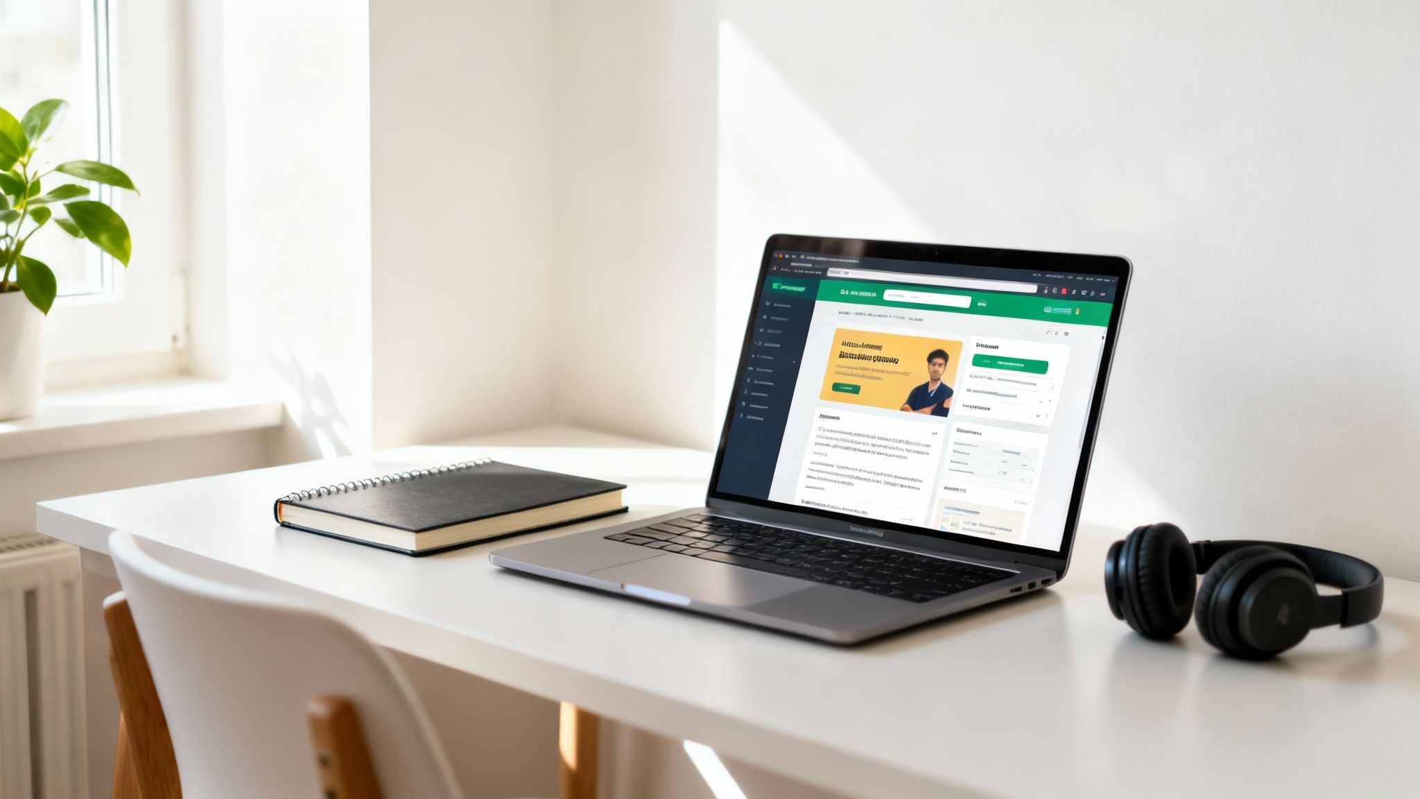 An individual engaging with an online course on a tablet in a bright, modern setting.