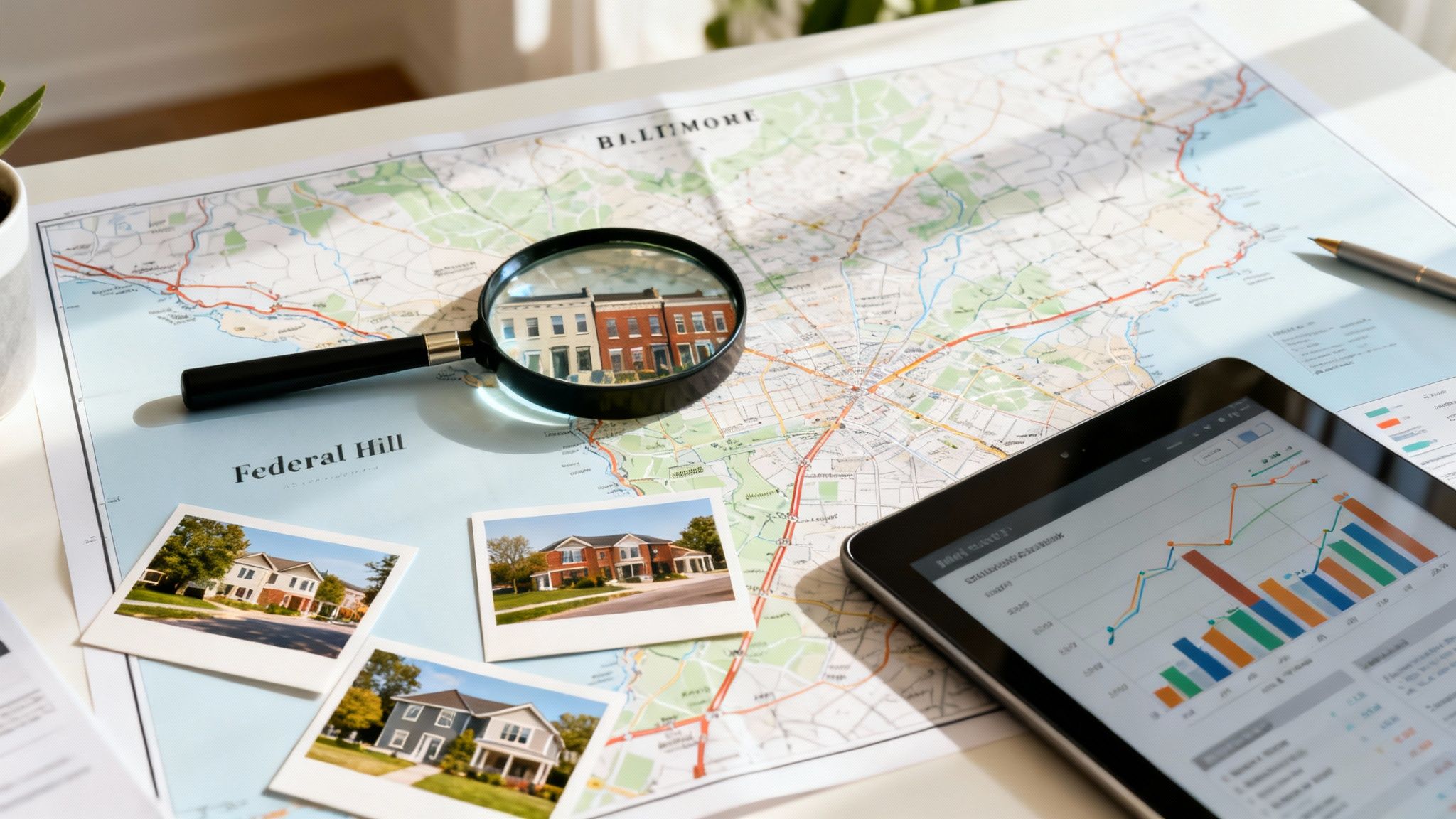 A magnifying glass on a Baltimore map with house photos and a tablet showing real estate data.