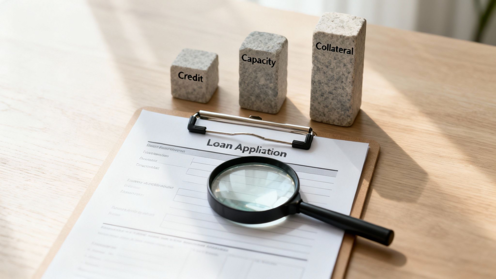 Loan application form with magnifying glass and stone blocks labeled credit, capacity, and collateral