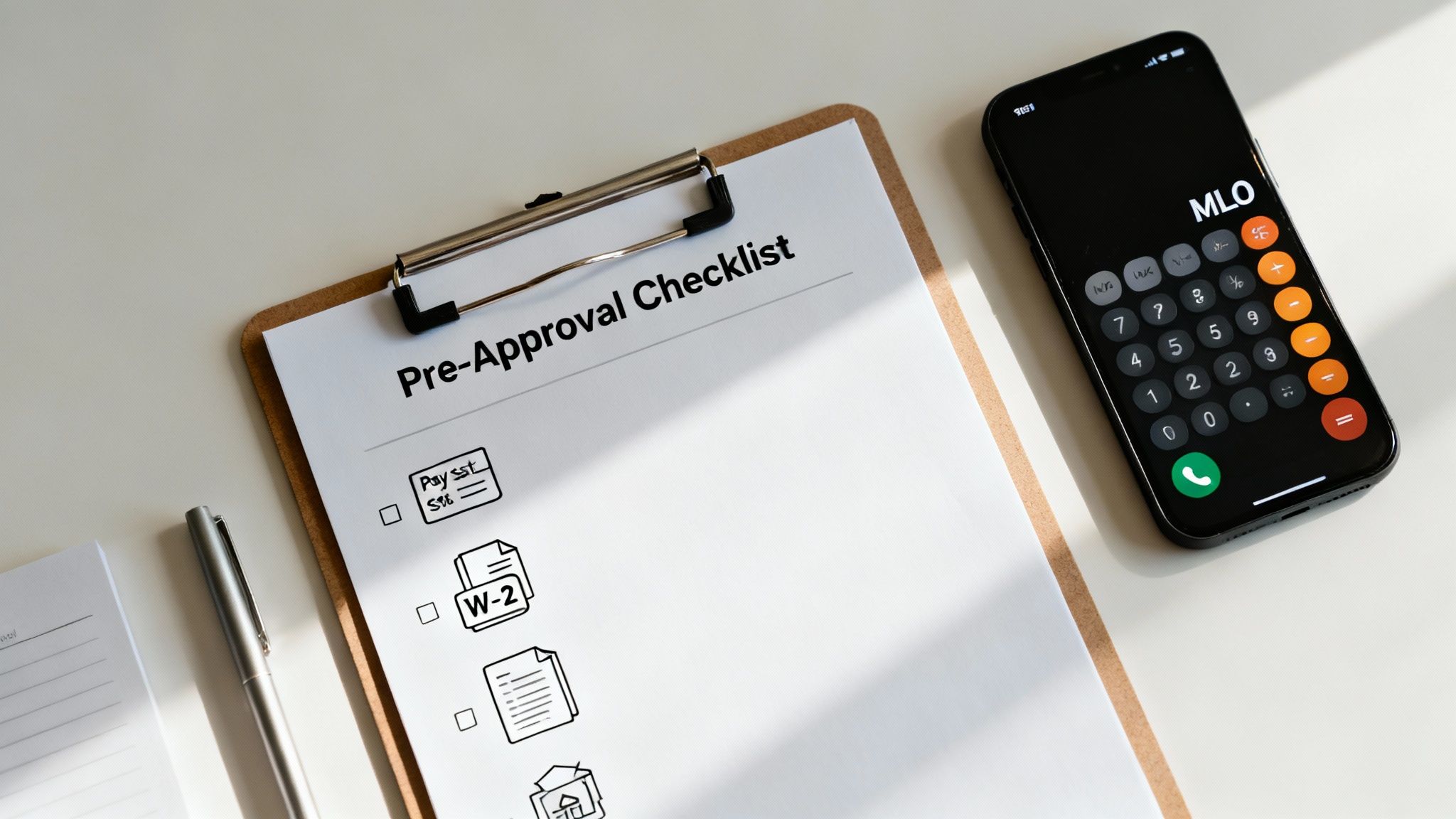 A woman sits at her desk, organizing financial documents like W-2s and pay stubs for her mortgage pre-approval application.