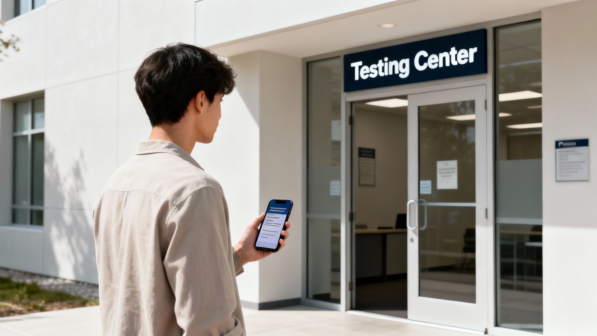 Young man reviews his phone outside a building with a "Testing Center" sign.