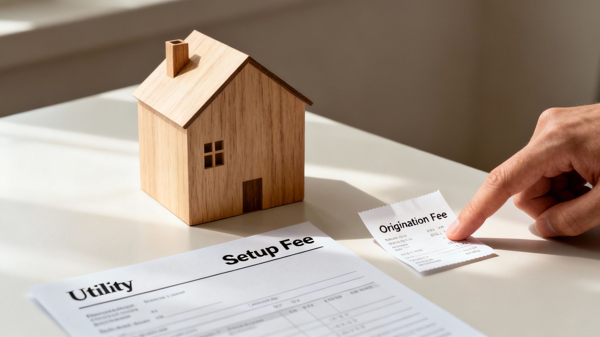 A hand points at an 'Origination Fee' receipt next to a wooden house model and 'Setup Fee' document.