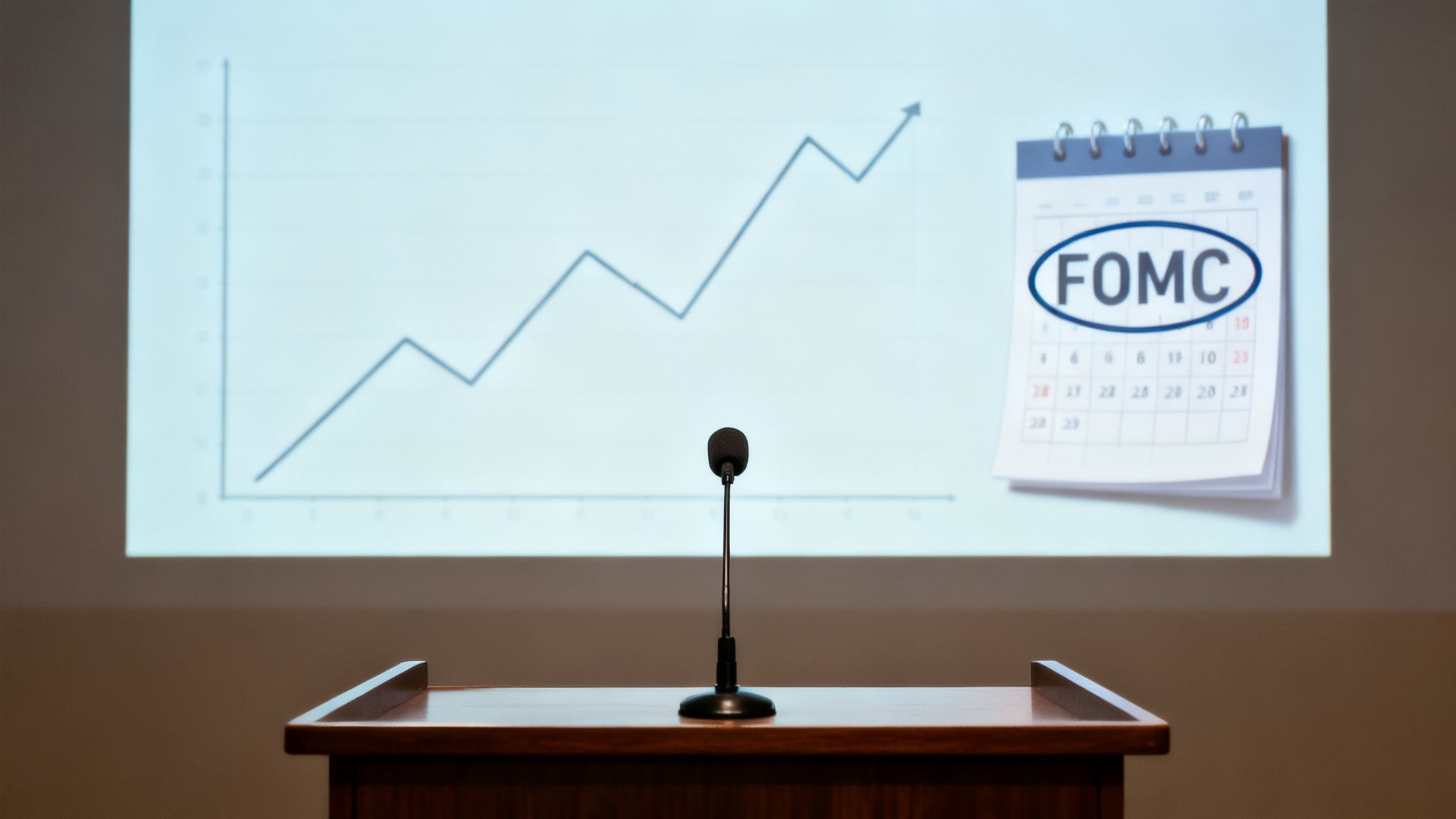 A microphone on a podium in front of a screen displaying an upward trend graph and a FOMC calendar.