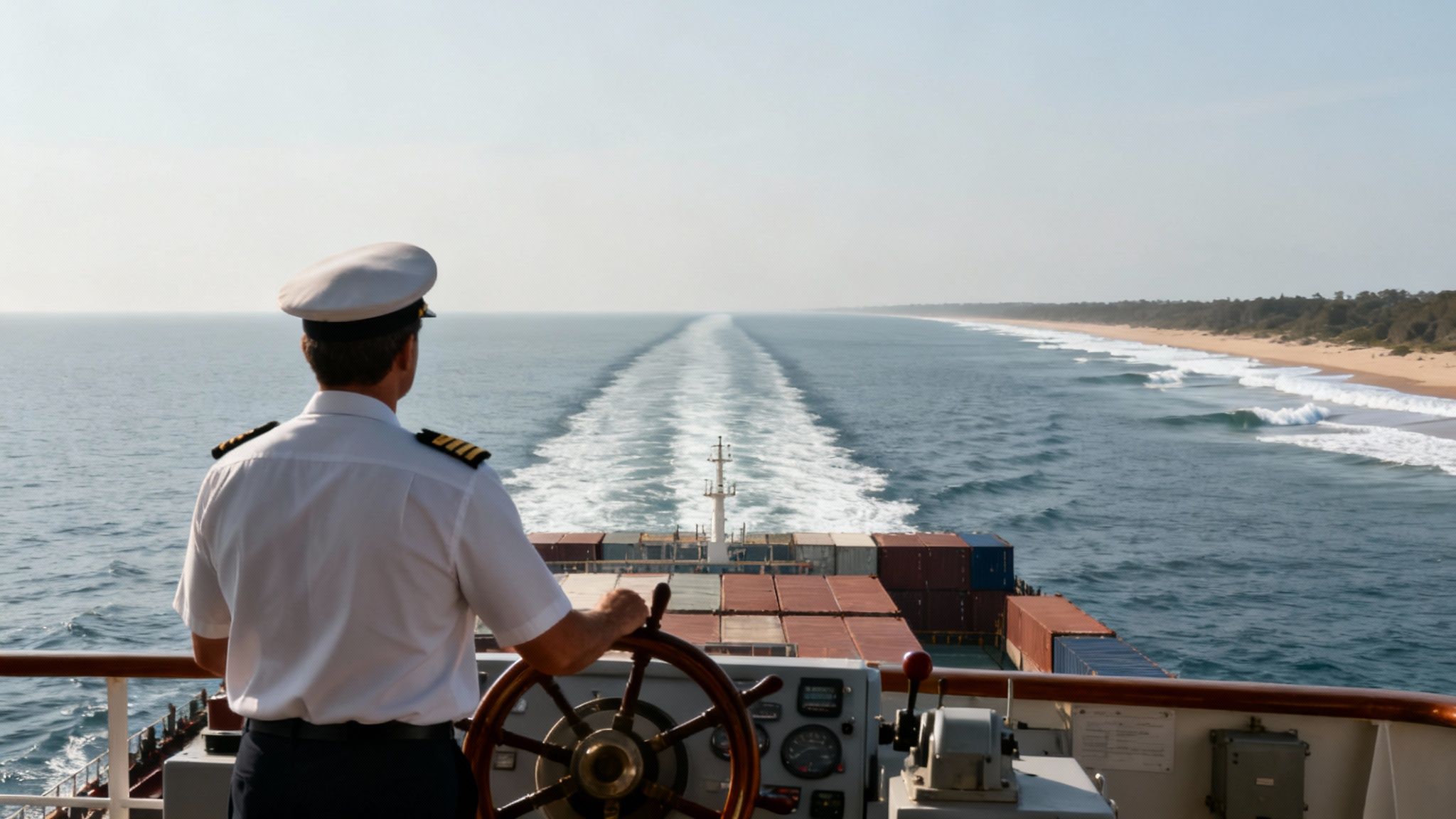 A ship captain from behind, steering a large container ship along a coastline with ocean waves.