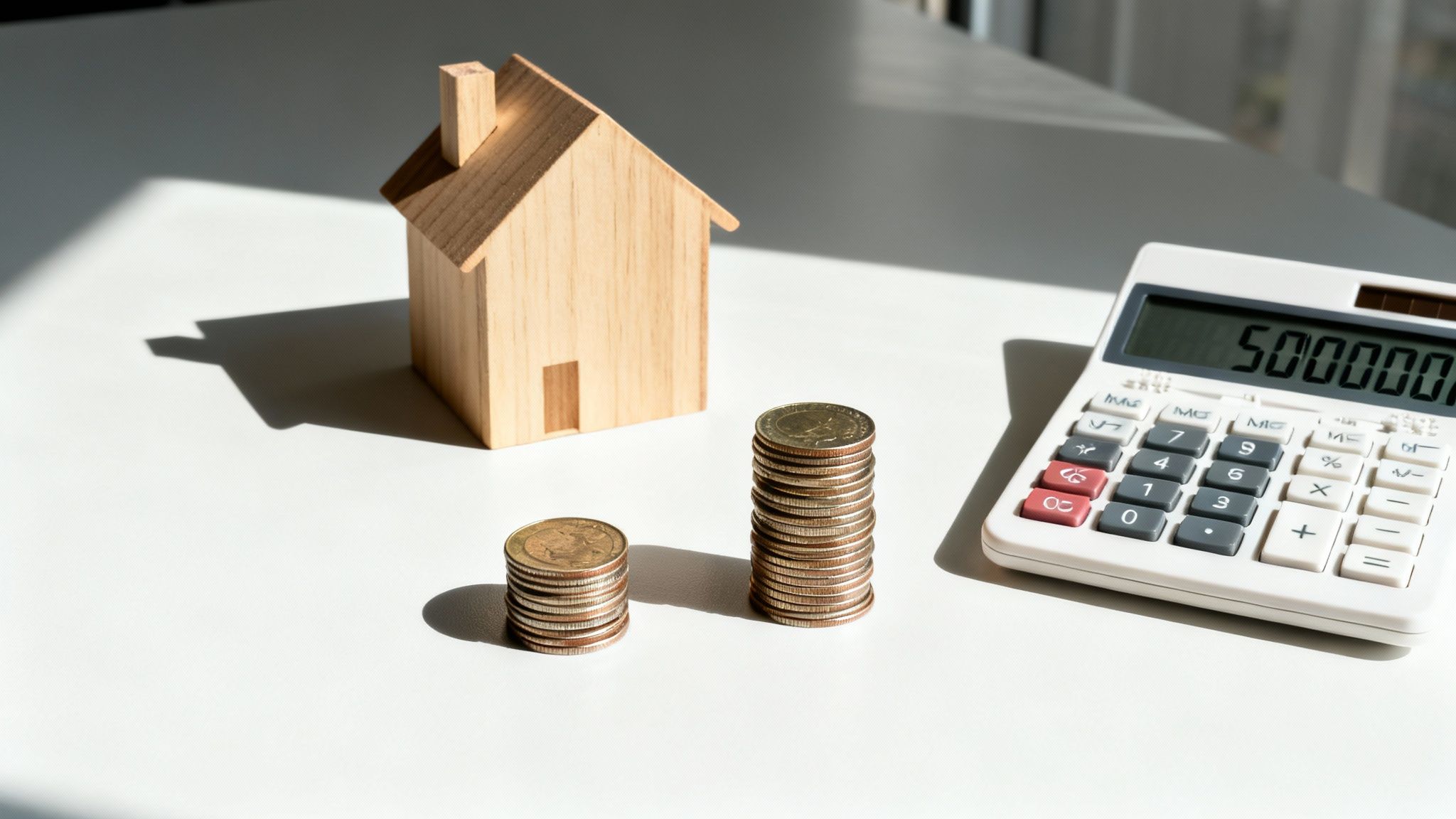 A wooden house model, two stacks of coins, and a calculator showing 5,000,000 on a white table.