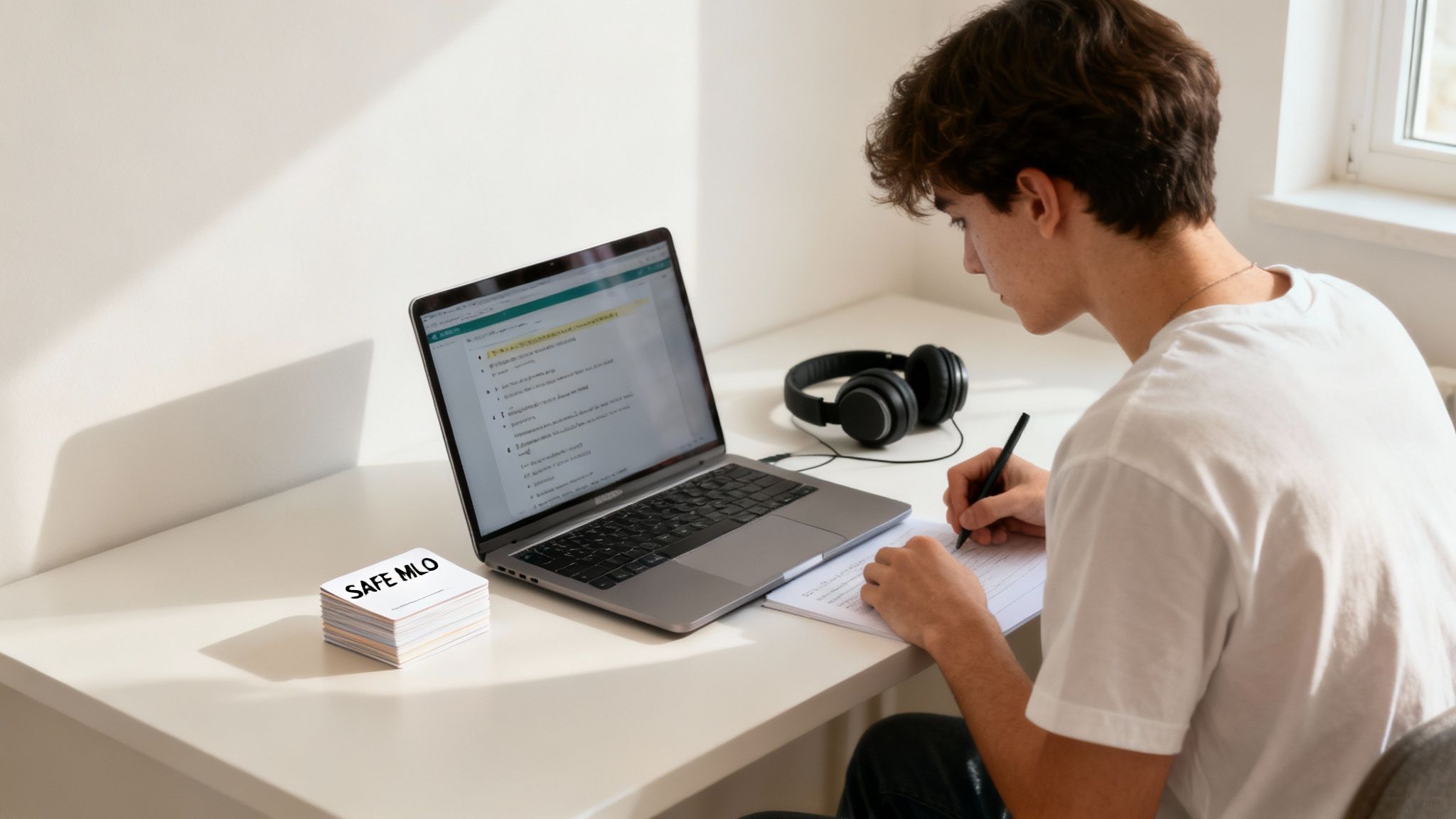 Young student studying at desk with laptop, headphones, and notebook writing notes
