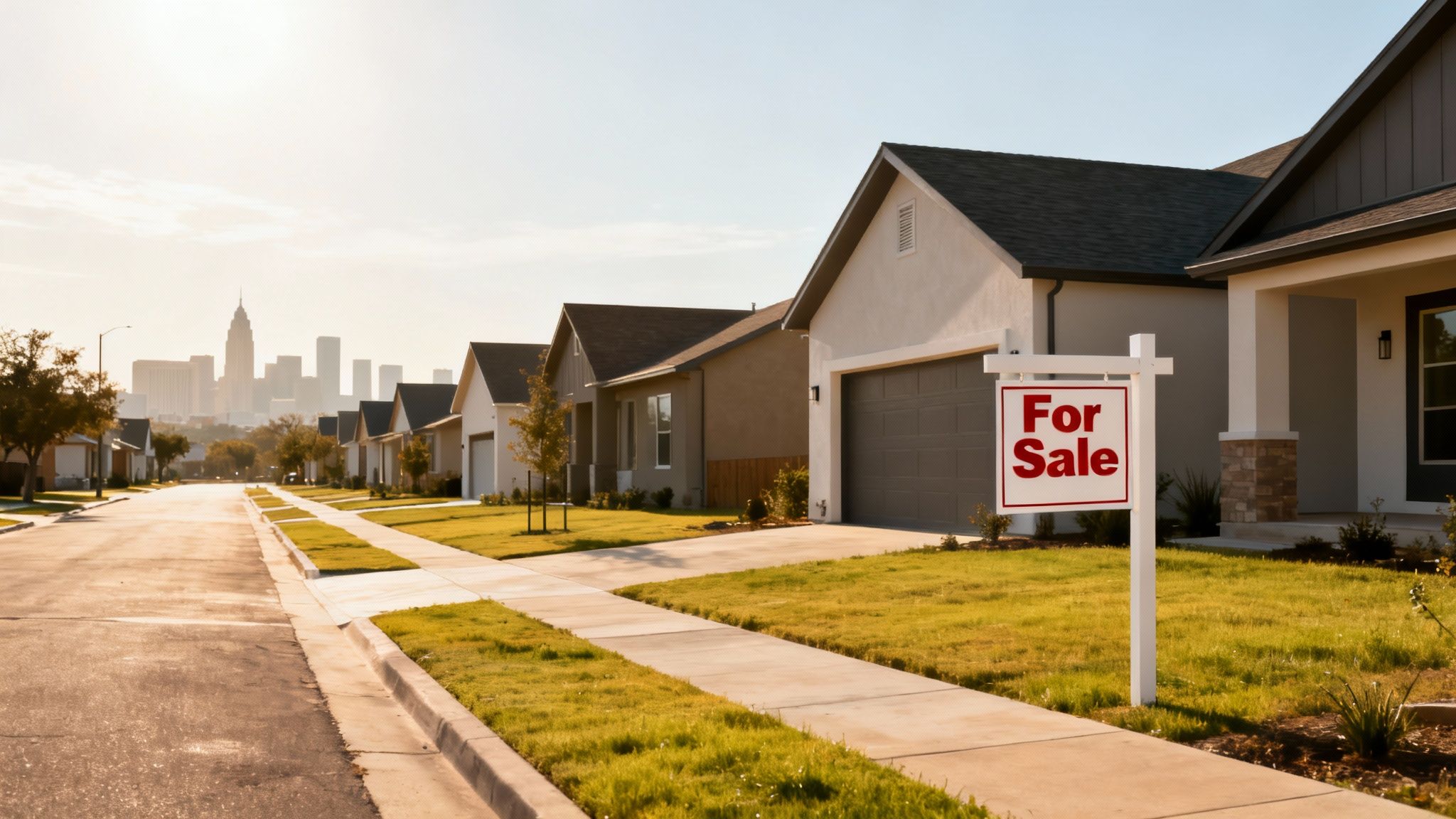 A row of modern suburban houses with a 'For Sale' sign, and a hazy city skyline.