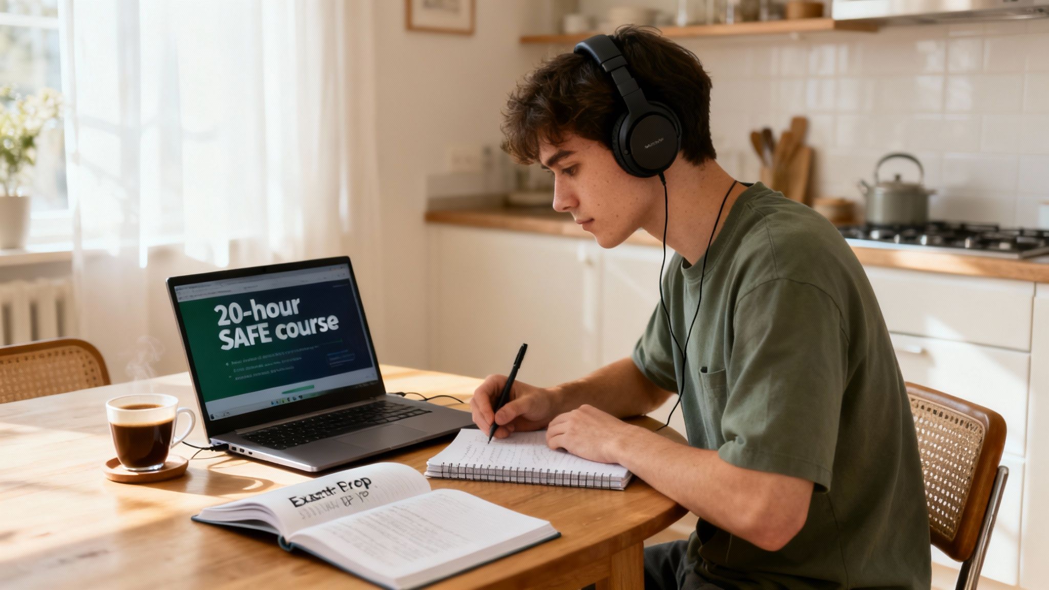 A woman smiles while studying on her tablet in a bright, modern living room, representing online MLO education.