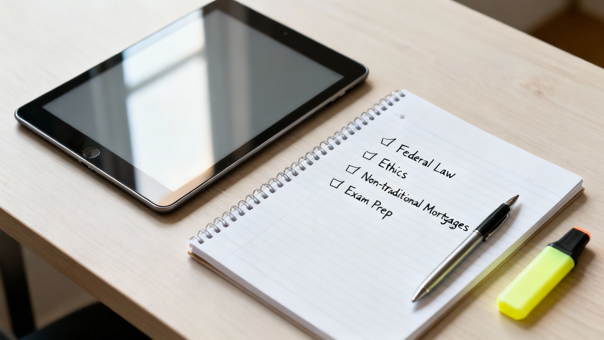 A tablet and notebook with a mortgage broker exam prep checklist on a wooden desk.