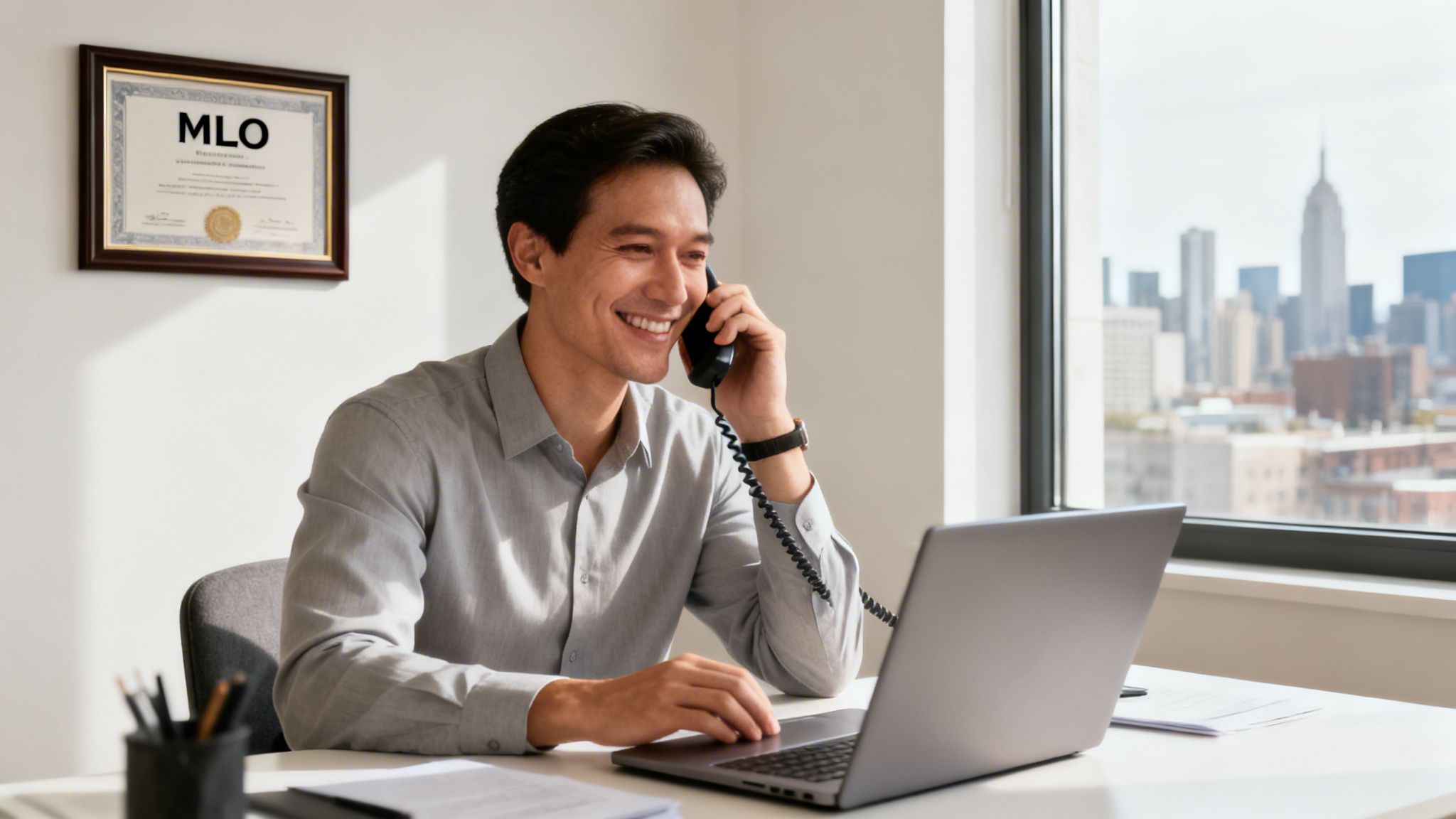 A smiling male mortgage loan originator on the phone, working on a laptop in an office with a city view.