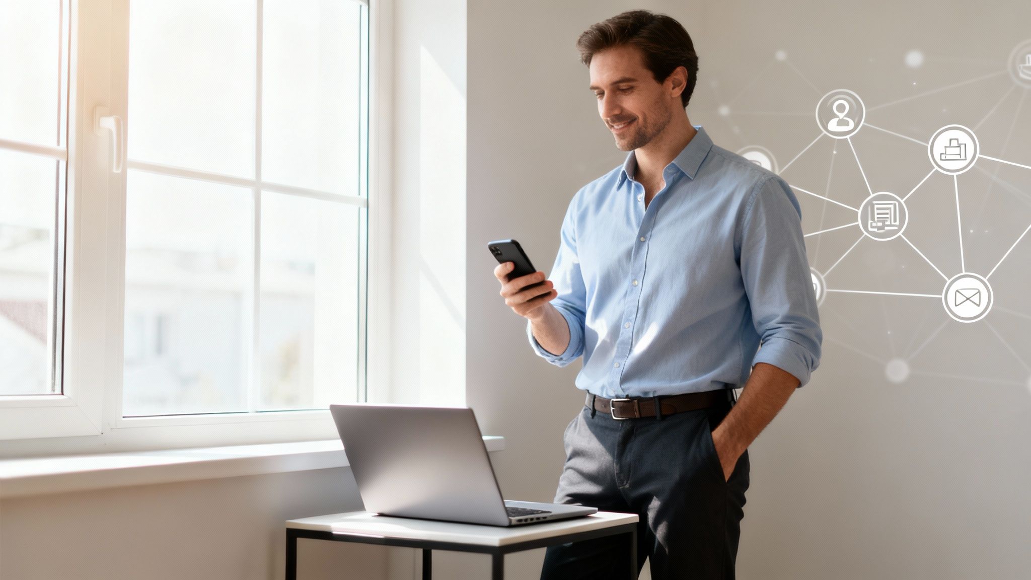 A smiling man in a blue shirt uses his smartphone next to a laptop by a bright window.
