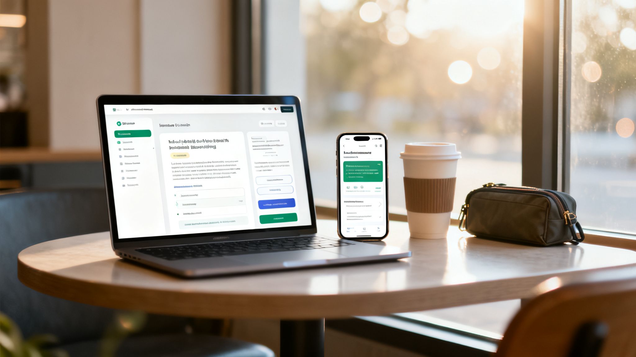Laptop, smartphone, coffee, and a small bag on a table by a window, bathed in warm light.