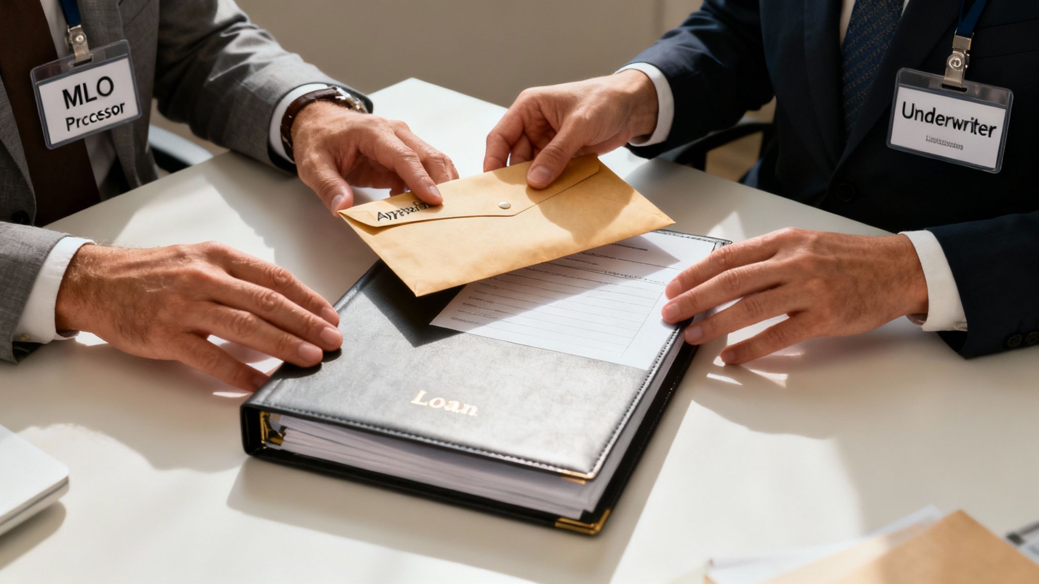 MLO processor and underwriter reviewing loan documents and application envelope during mortgage approval process