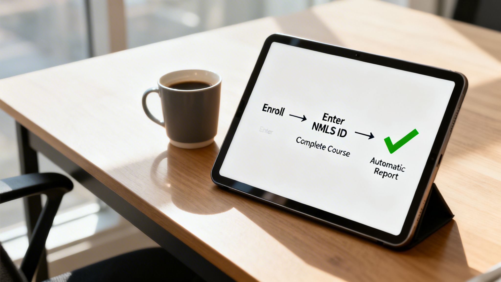 A tablet on a desk shows NMLS course enrollment, completion, and automatic reporting workflow.