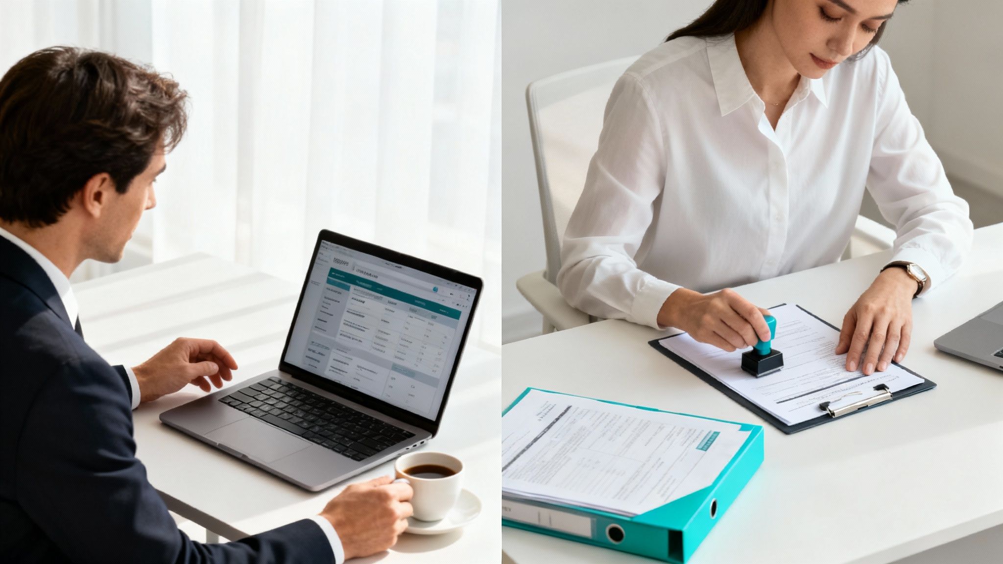 Two professionals collaborating in a bright, modern office space.