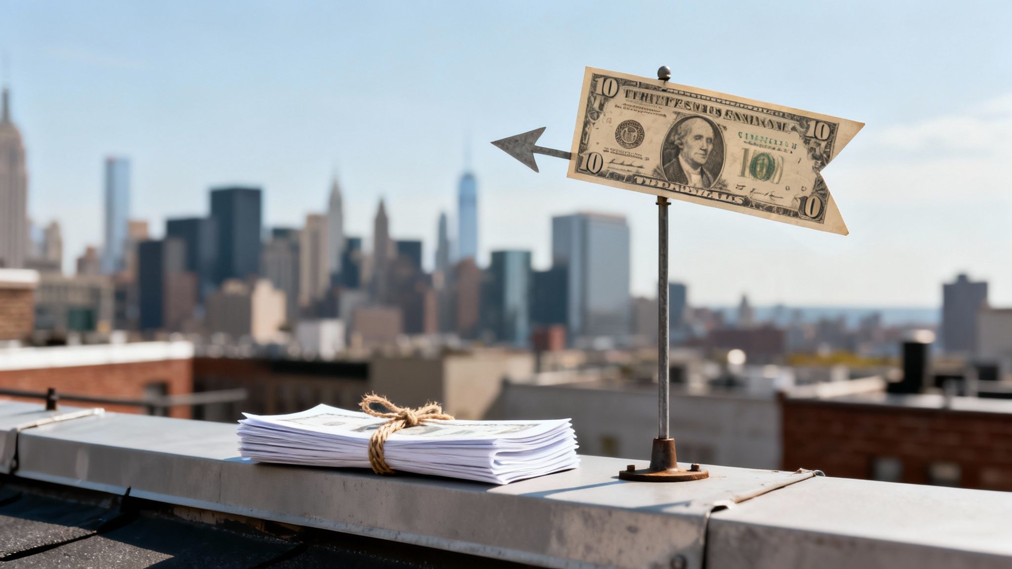 A stack of cash and a dollar bill wind vane pointing left on a city rooftop.