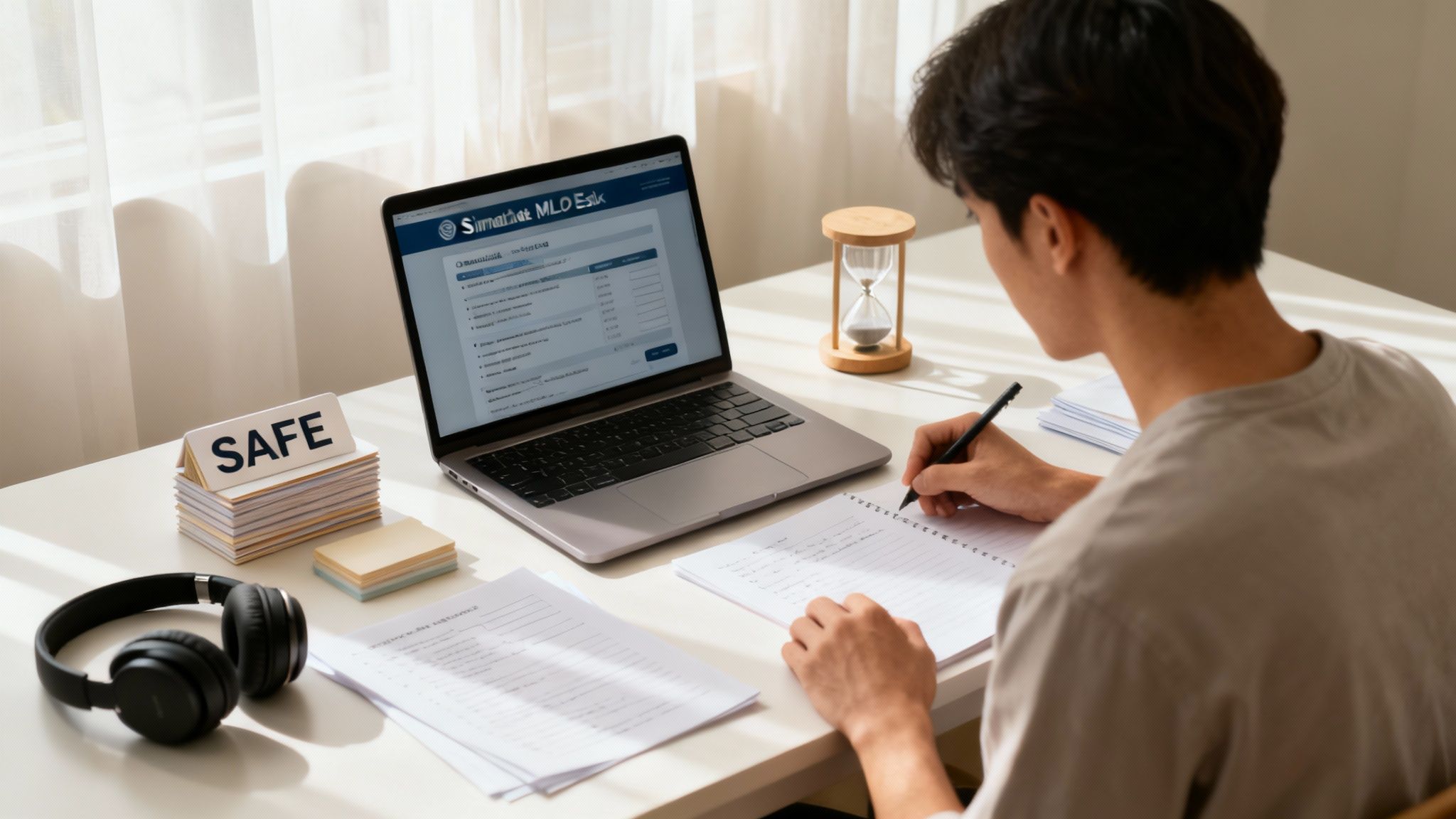 A focused individual studying at a modern desk with a laptop and notebook, representing effective exam preparation.