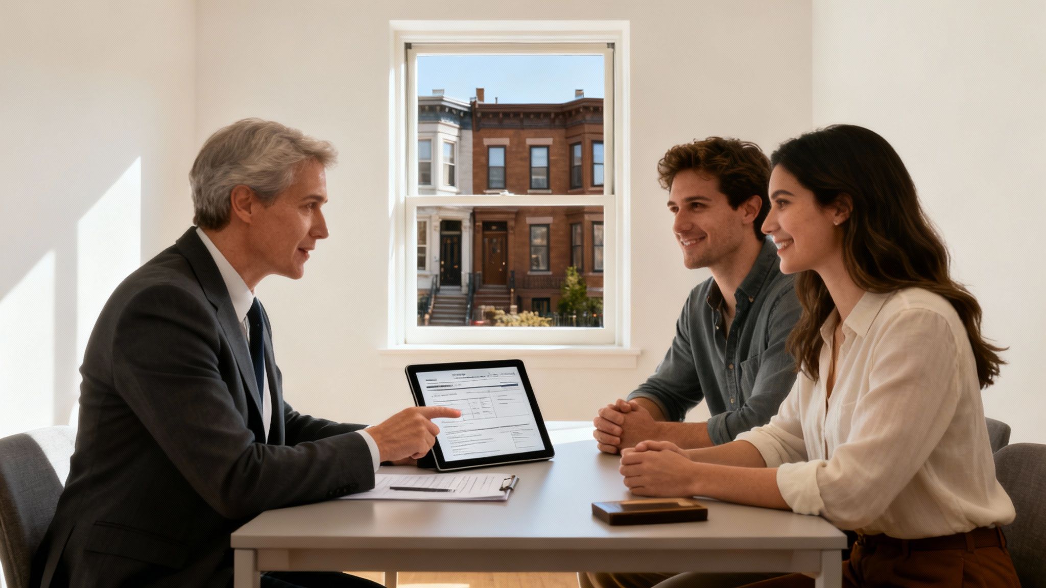 A male mortgage broker shows a smiling young couple details on a tablet during a consultation.