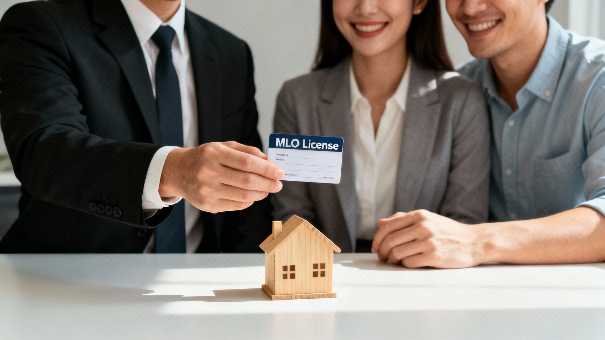 A mortgage loan officer shows their MLO license to a happy couple interested in home buying.