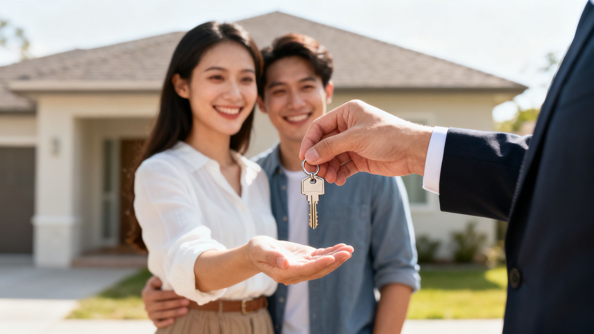 Smiling couple receives new house keys from a real estate agent, celebrating homeownership.