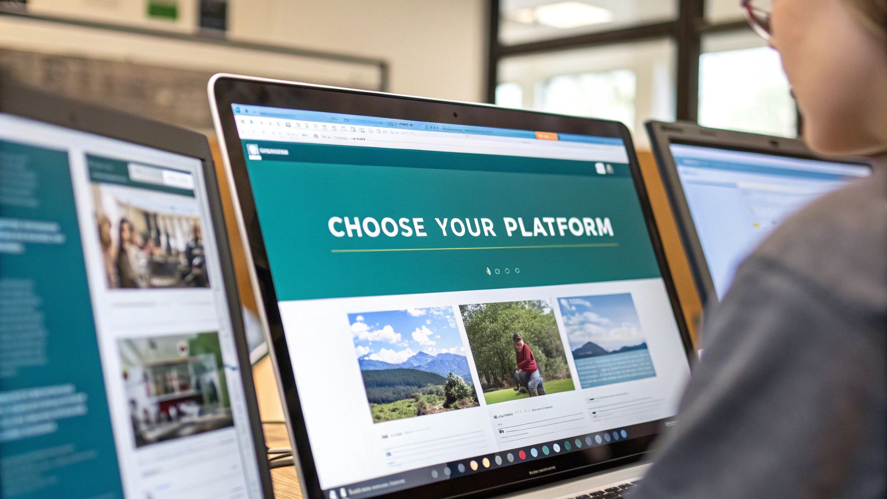 A person using a tablet to access an online course in a bright, modern setting, looking engaged and motivated.