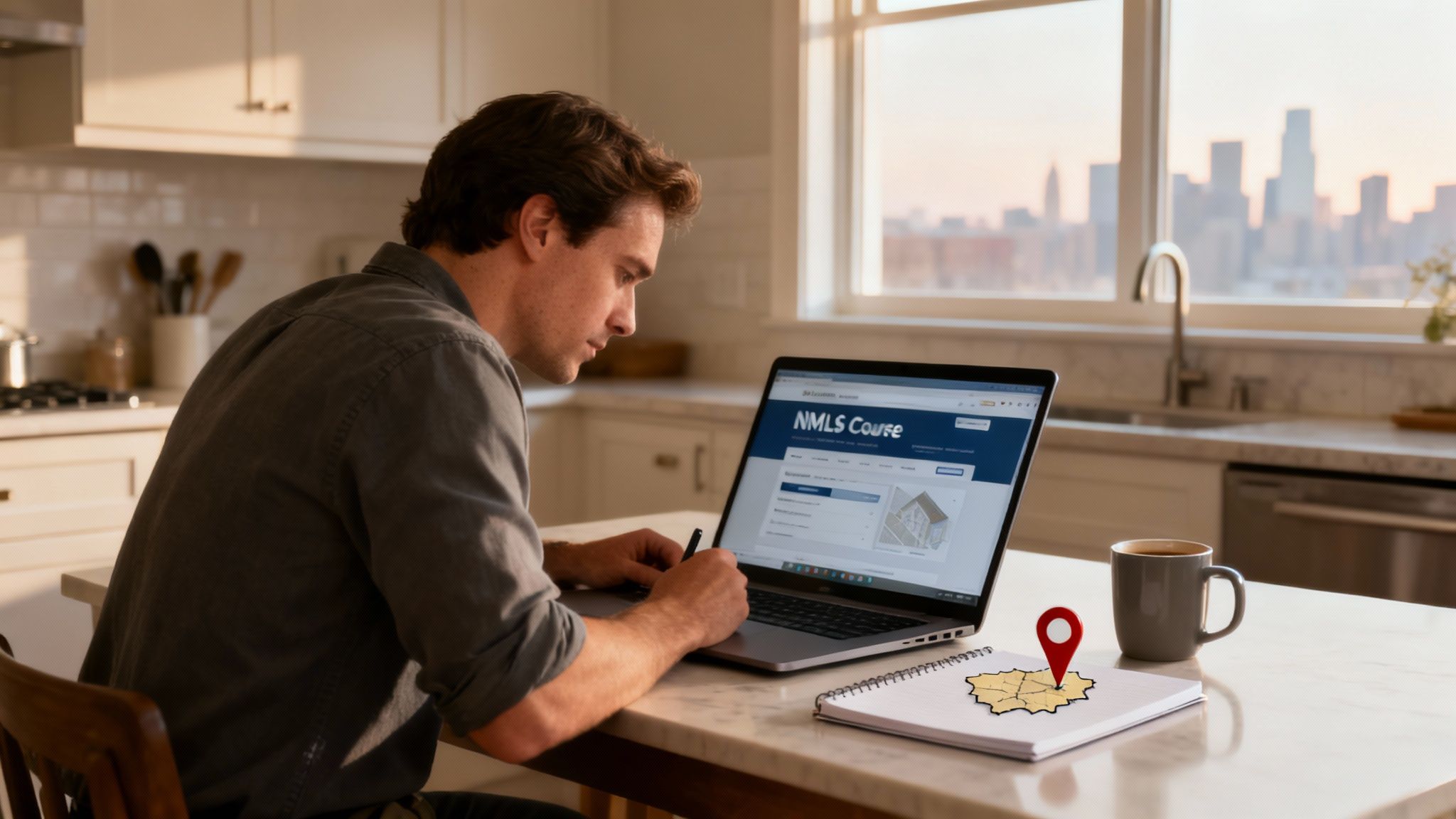 A smiling professional woman working on her laptop in a bright, modern office setting.