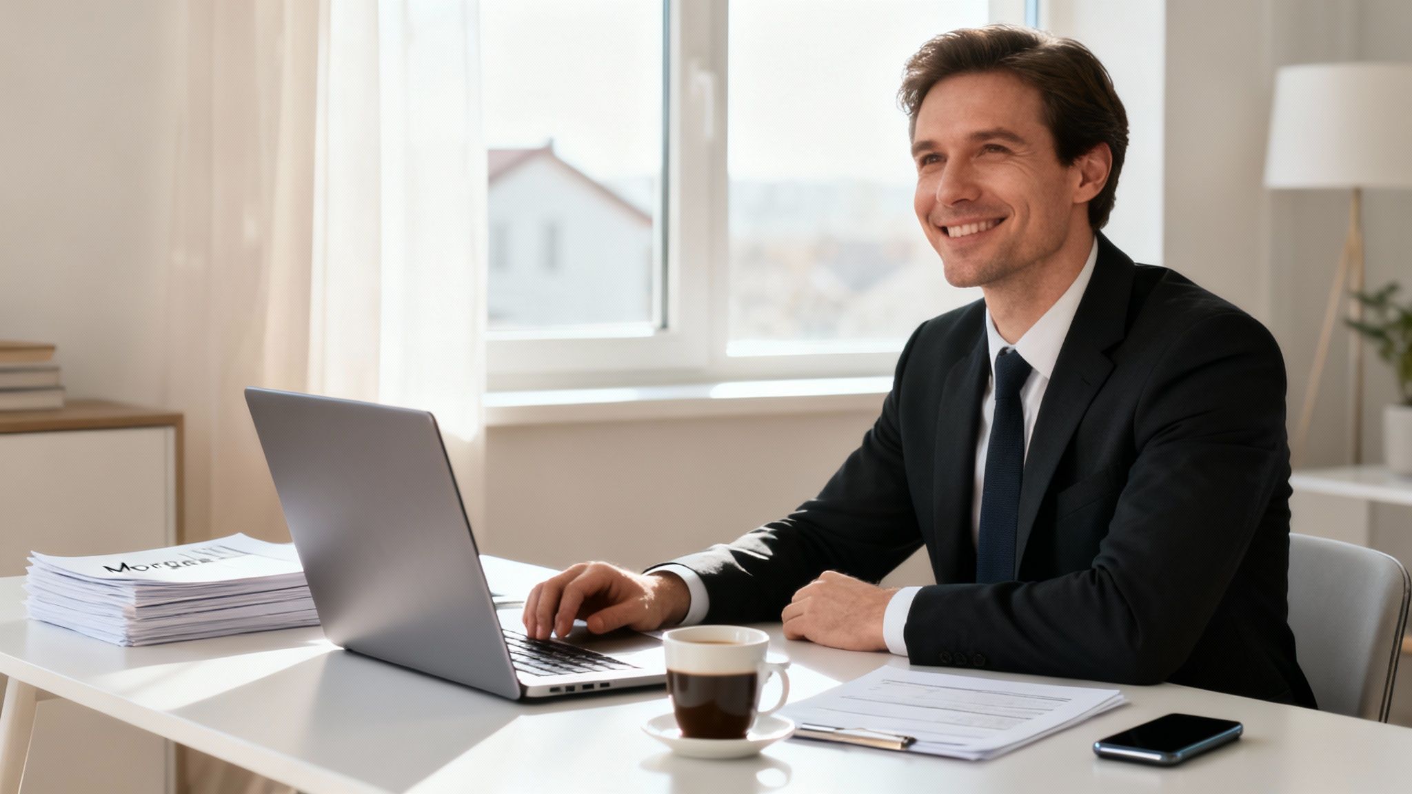Smiling businessman in a suit happily working on his laptop at a bright modern desk.