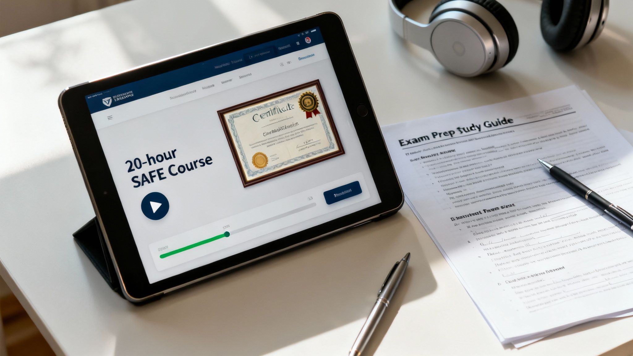 A tablet displaying a 20-hour SAFE Course with a certificate, alongside an exam study guide and headphones.
