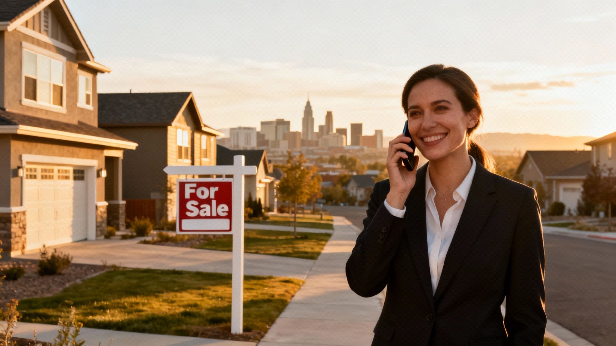 Smiling female real estate agent on phone in front of a for sale house at sunset.