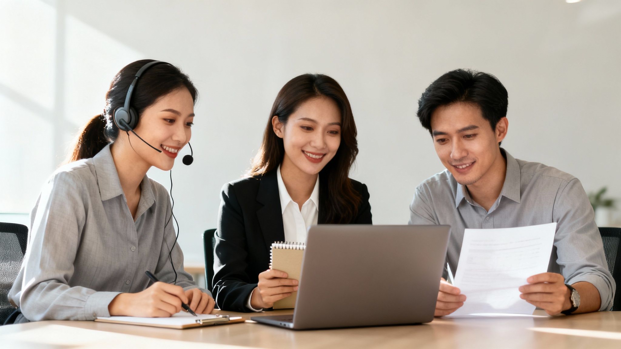 Three diverse business professionals collaborating at a desk with a laptop and documents, smiling.