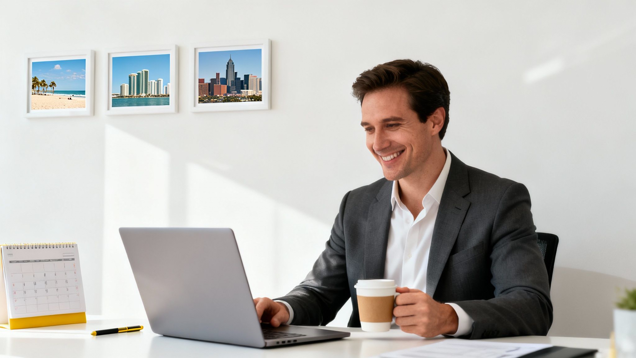 A smiling businessman works on his laptop at a desk, holding a coffee, with city and beach framed pictures.