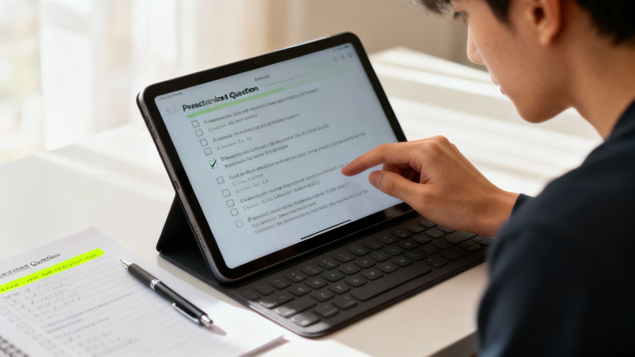 A confident professional reviewing study materials on a tablet in a bright, modern setting.