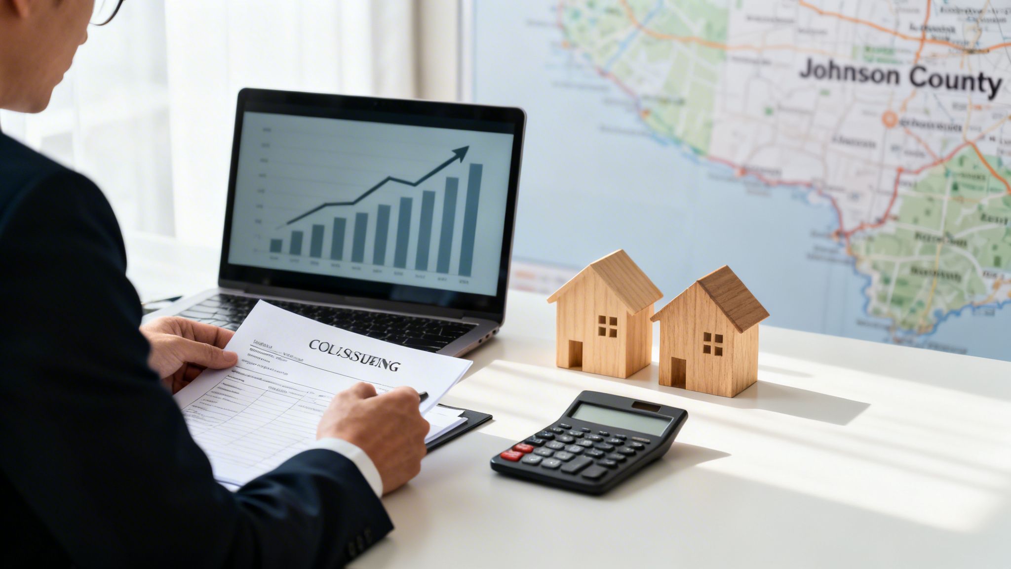 A man reviews a COISSUING document, analyzing real estate market trends with model homes.