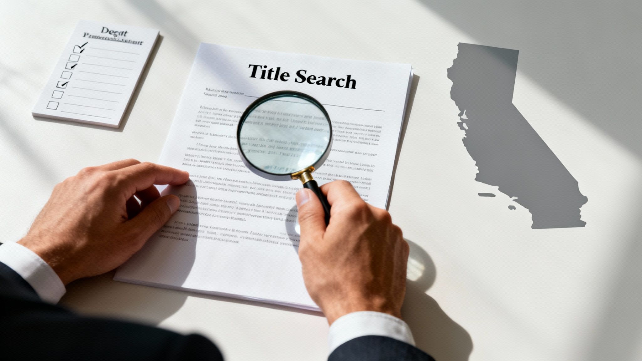 A magnifying glass hovering over a map of California, focusing on a residential area to symbolize a detailed property search.