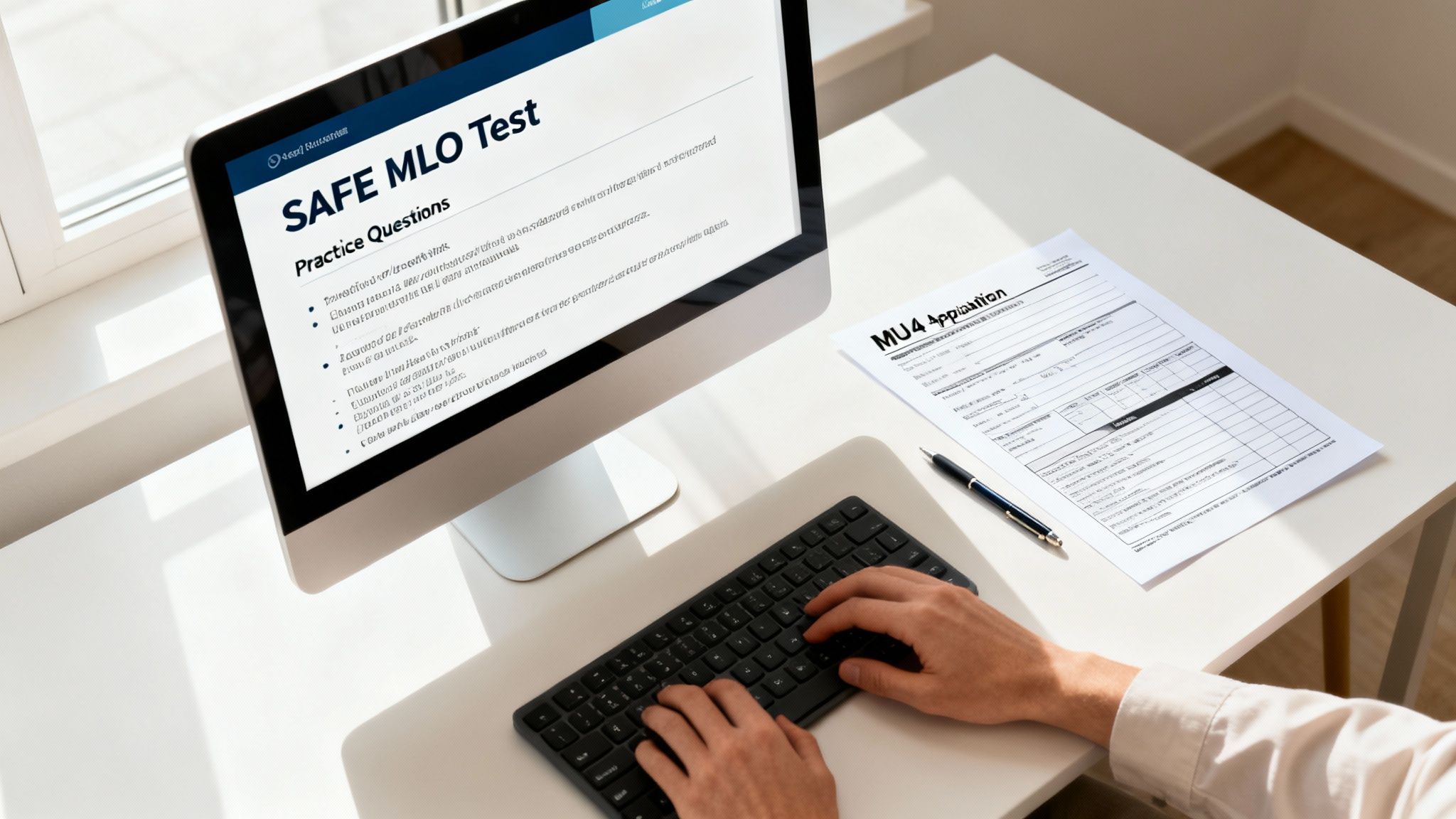 A person studying for a SAFE MLO Test on a computer, with an MU4 Application document nearby.