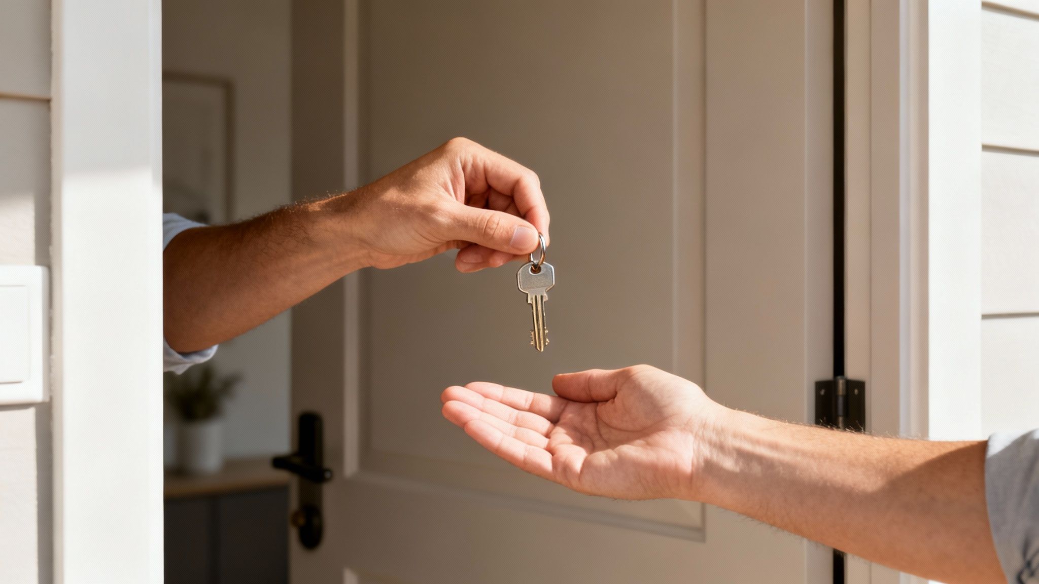 A person's hand gives a house key on a keyring to another person's open hand, signifying property transfer.