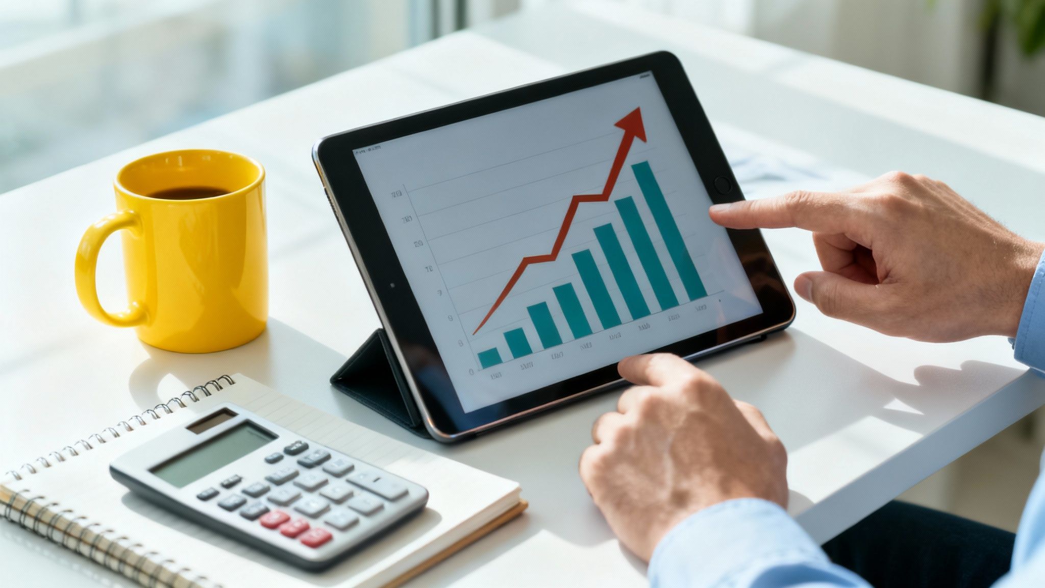 Person analyzing a financial growth chart on a digital tablet, with a calculator and coffee on a white desk.