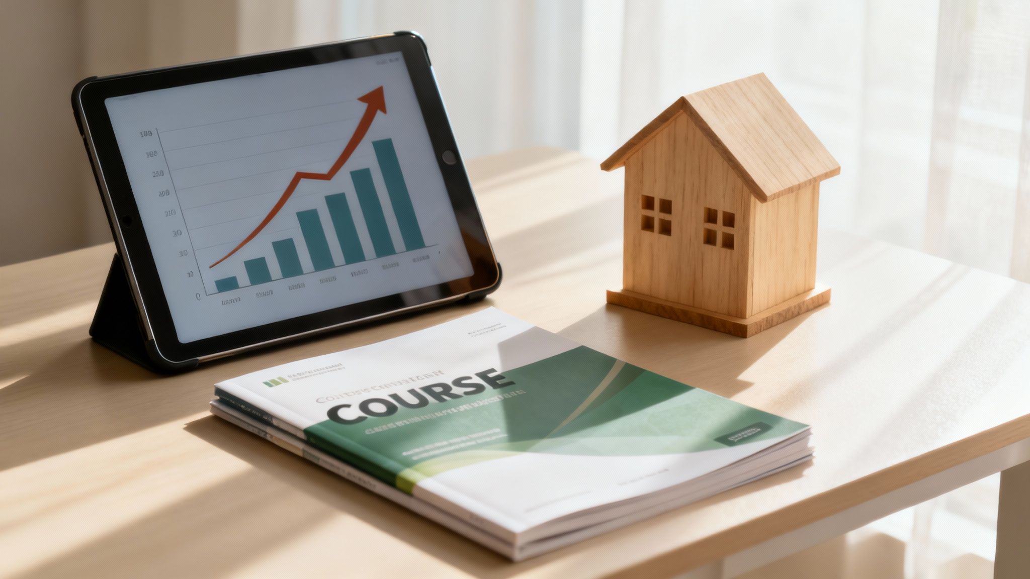 Wooden house model with tablet showing growth chart and NMLS course materials on desk