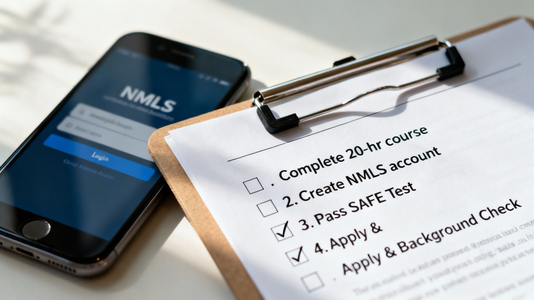 A smartphone with NMLS login screen next to a checklist for mortgage loan officer licensing.