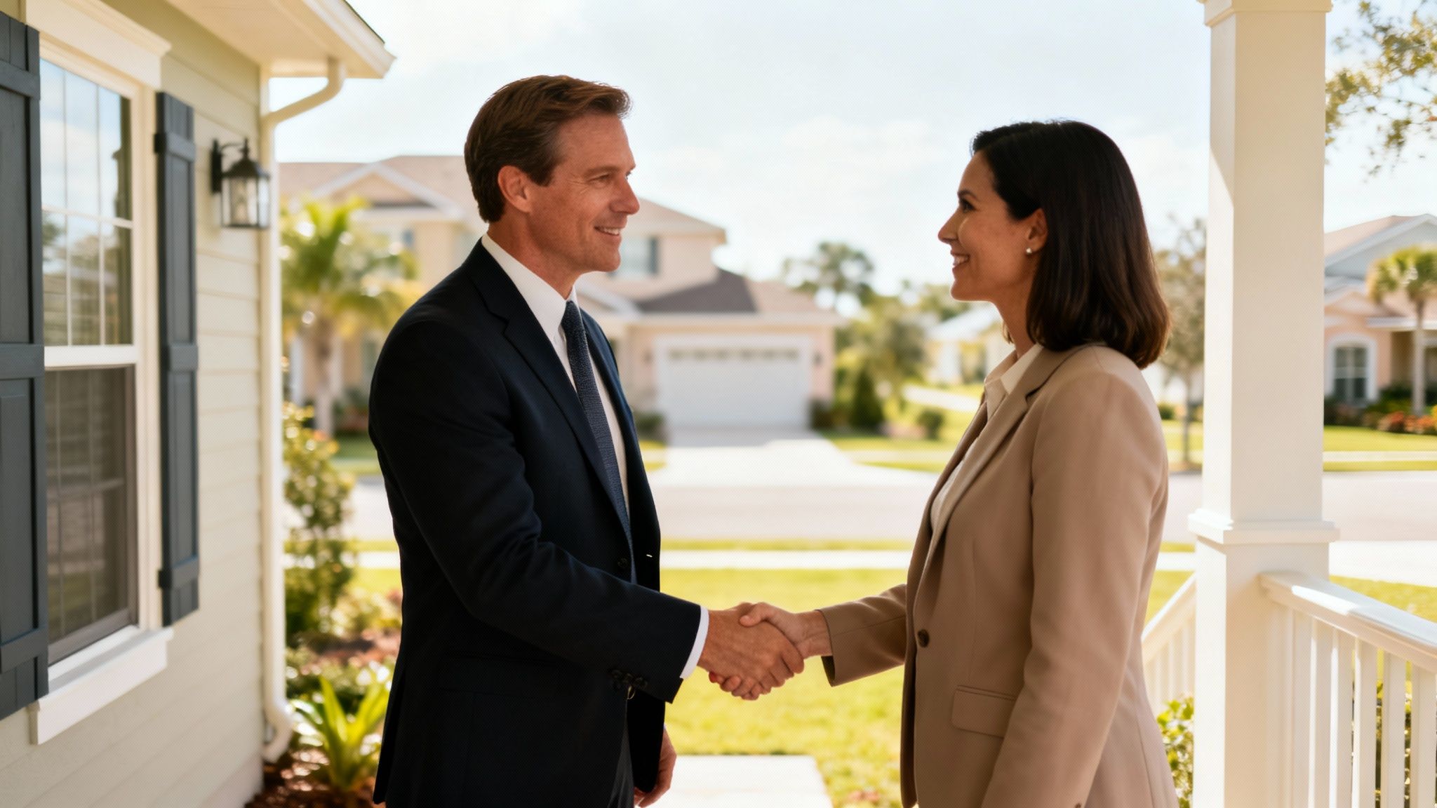 Two smiling real estate professionals, a man and a woman, shake hands on a house porch.