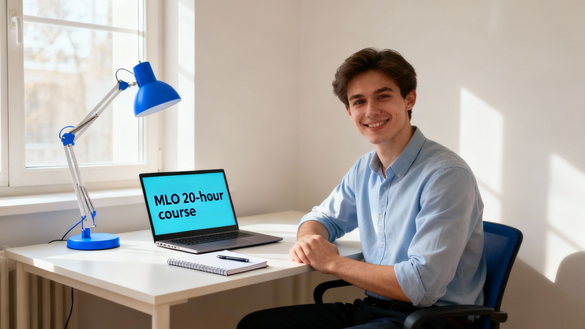 A smiling young man sits at a desk with a laptop showing 'MLO 20-hour course'.
