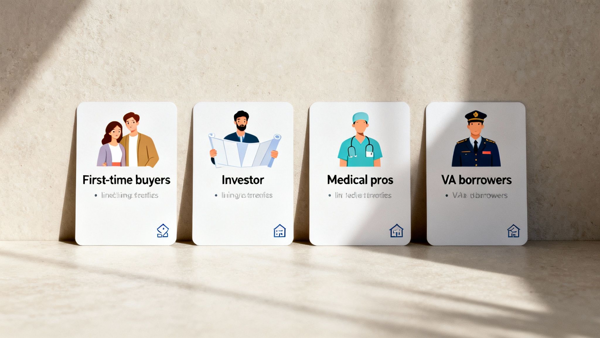 Four white cards illustrating different types of mortgage borrowers: first-time buyers, investors, medical pros, and VA borrowers.