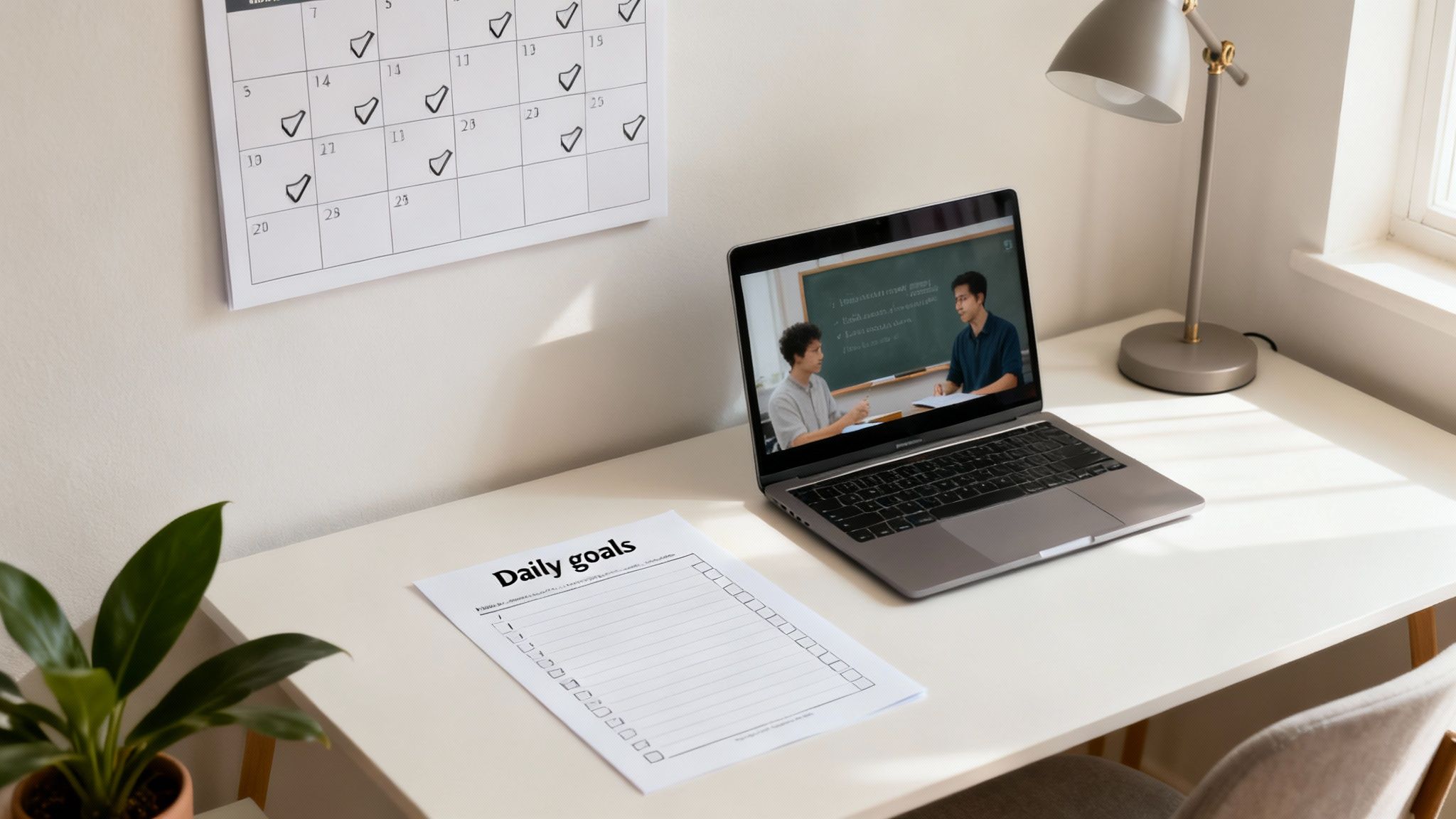 A tidy desk setup with a laptop showing an online class, a calendar, and a daily goals checklist.
