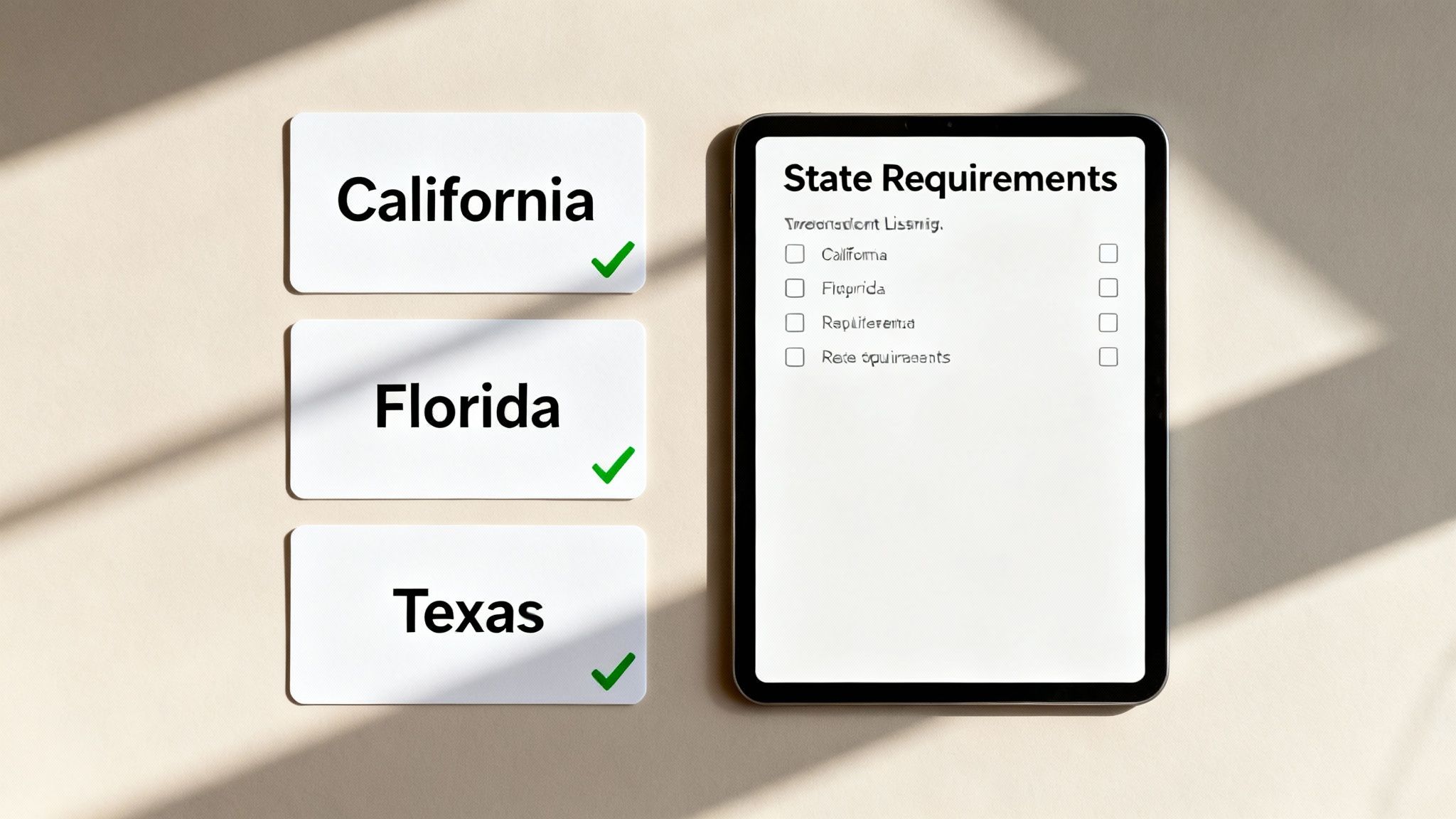 White cards displaying 'California,' 'Florida,' and 'Texas' with green checkmarks, beside a tablet showing 'State Requirements' checklist.