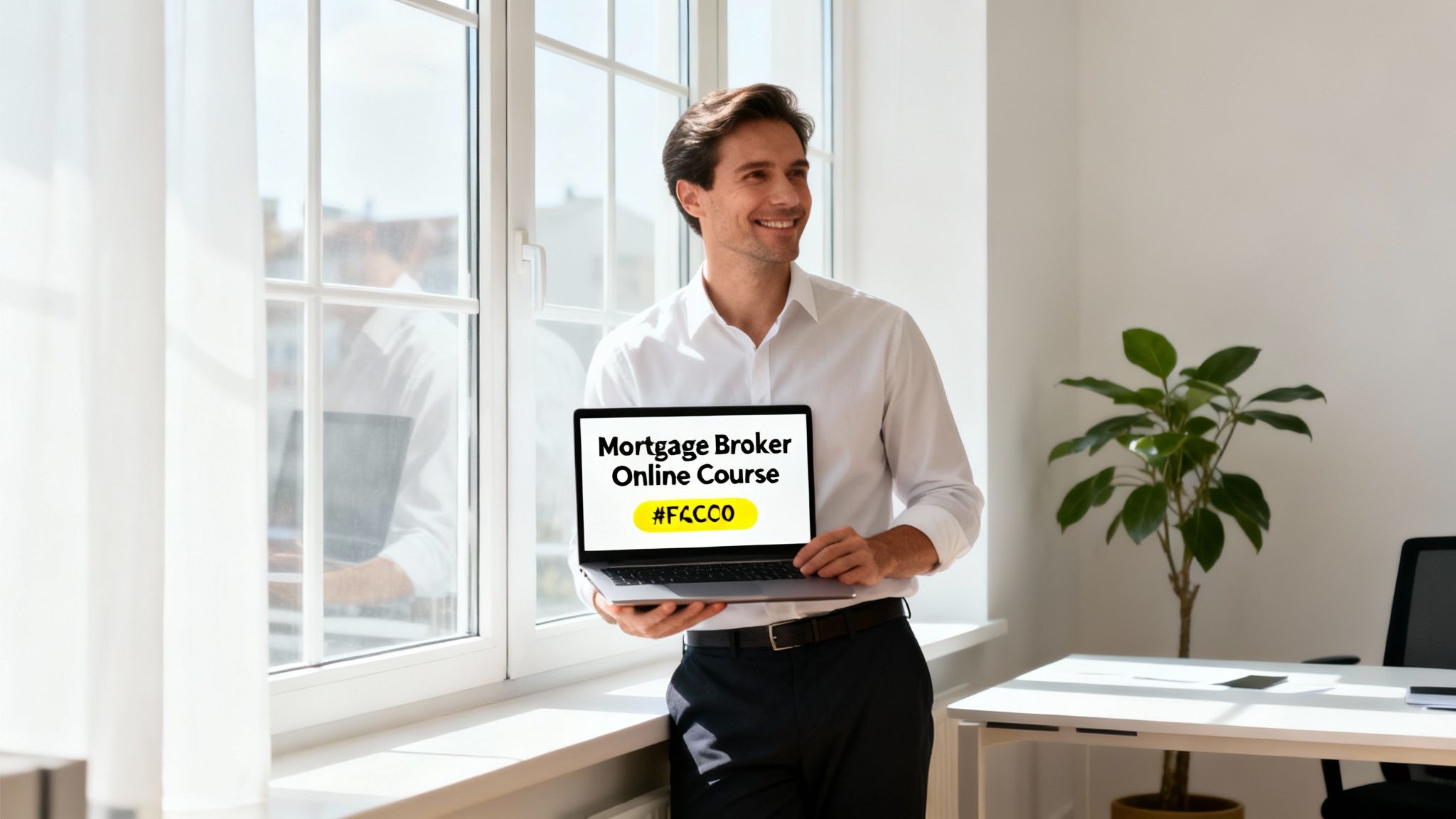 A smiling man holds a laptop displaying 'Mortgage Broker Online Course' in a bright office.