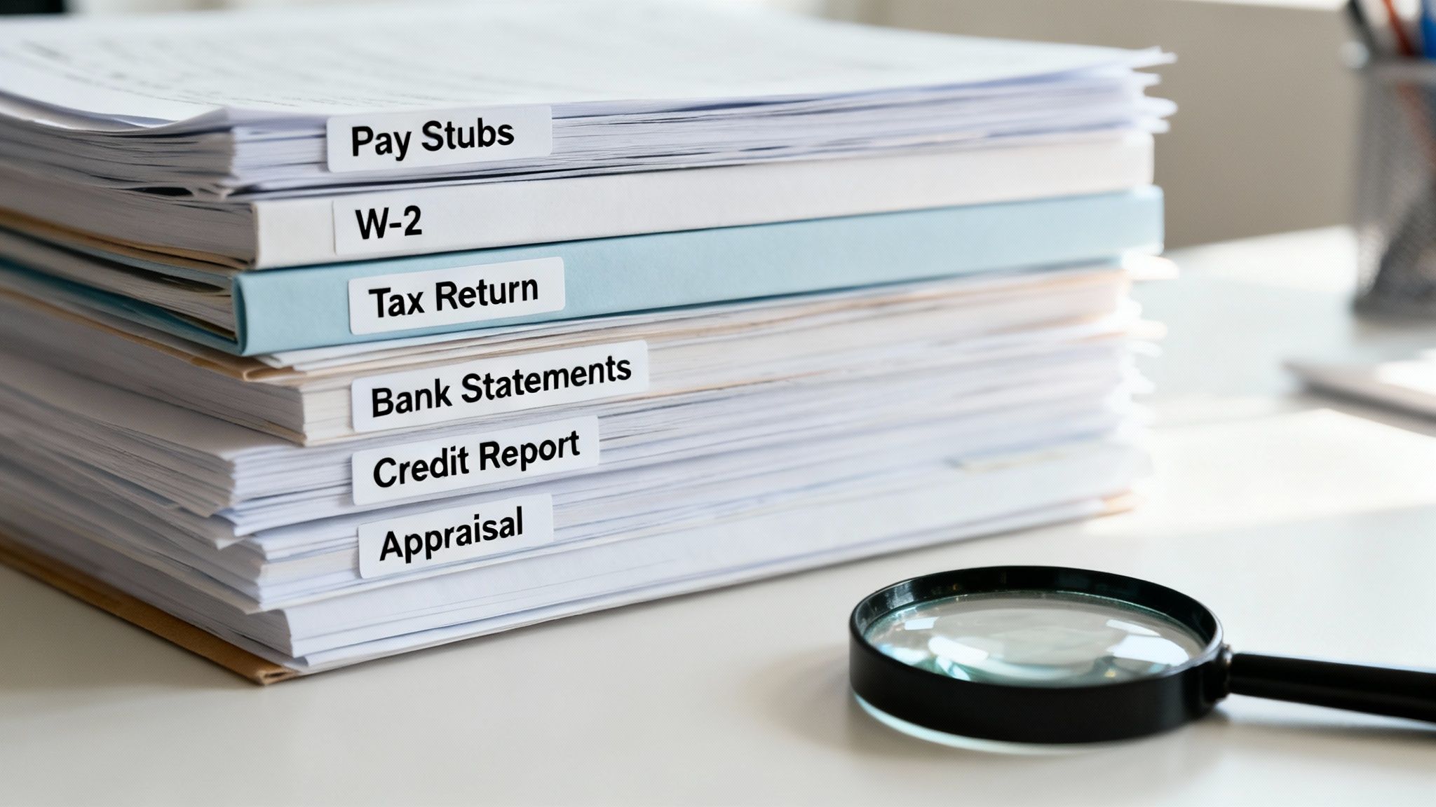 Stack of mortgage underwriting documents including pay stubs, W-2, tax return, bank statements, credit report, and appraisal