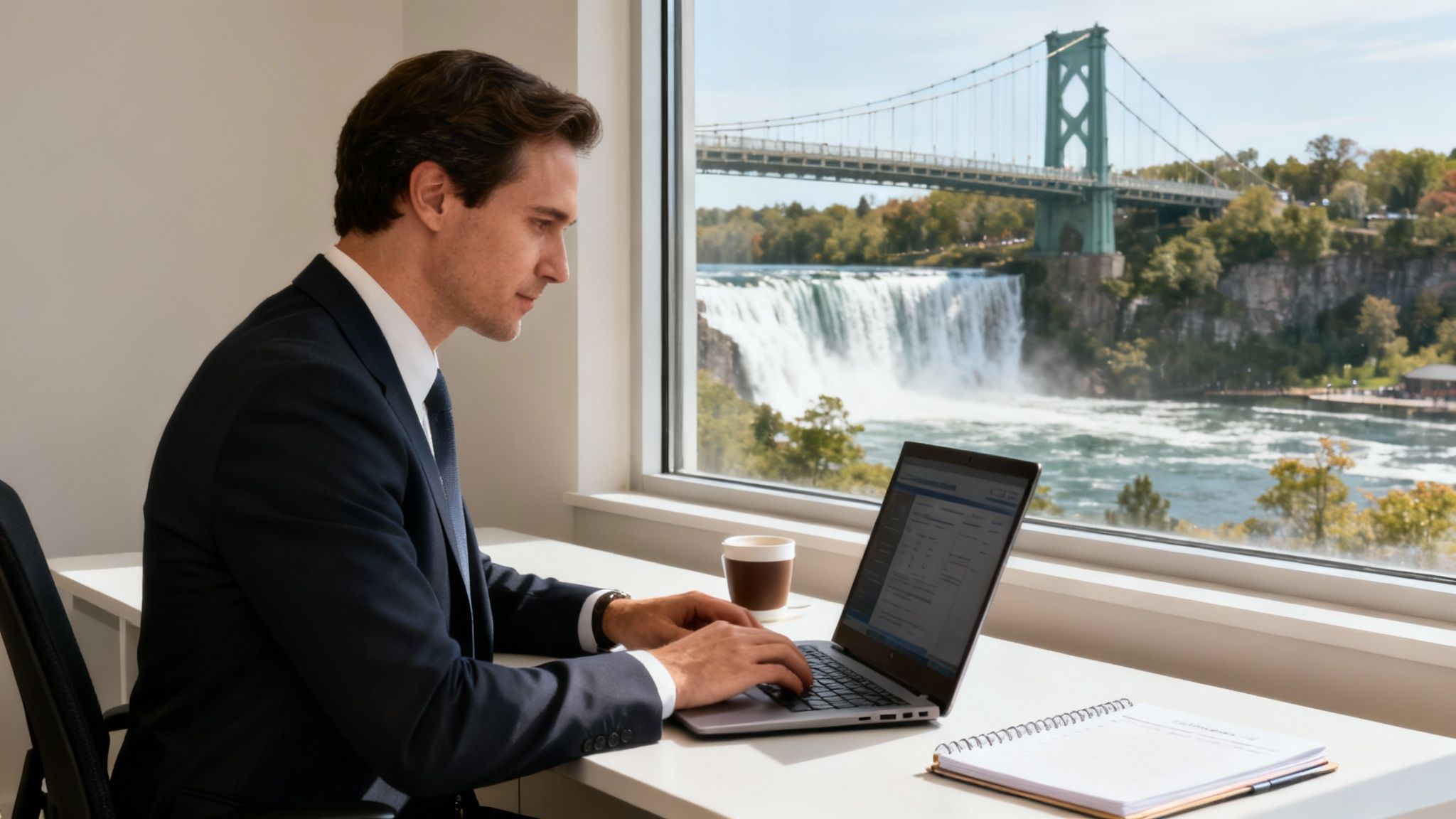 Professional man in a suit working on a laptop at a desk with a view of a majestic waterfall and bridge.